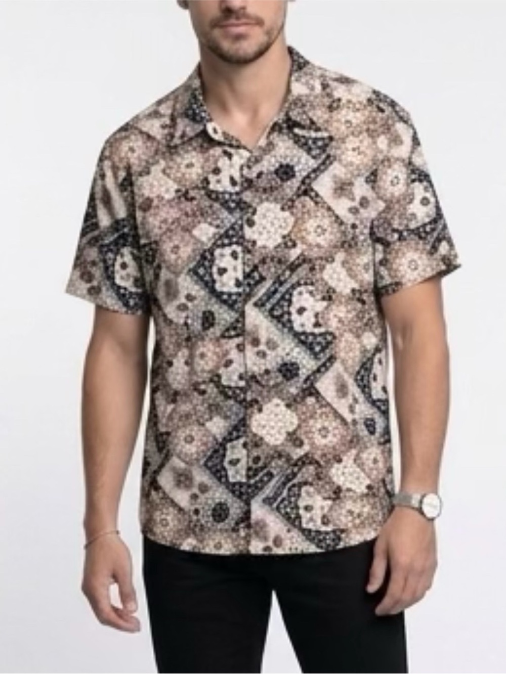 Men's Short-Sleeve Patterned Shirt in Brown Multi